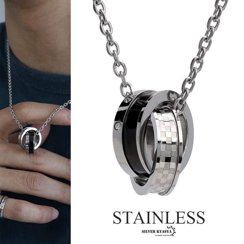 stainless ダブルリングネックレス シルバー ペンダント リング stainless ダブルリングネックレス シルバー ペンダント リング