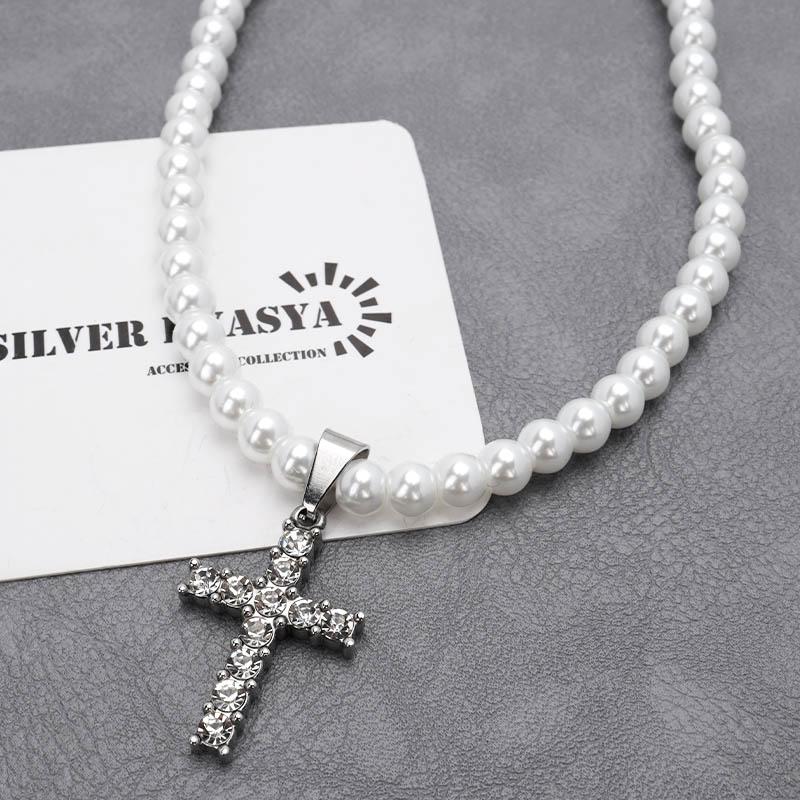 重量感あり 男性用 パールネックレス メンズ トレンド クロス