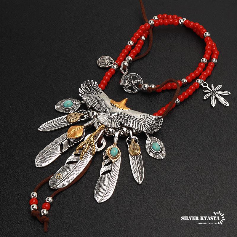 コメ内＊30粒7㎜ 黄色 ホワイトハーツビーズ フェザー ネックレス ナバホ フェザーネックレス 7枚 羽根 ペンダント ターコイズ イーグル