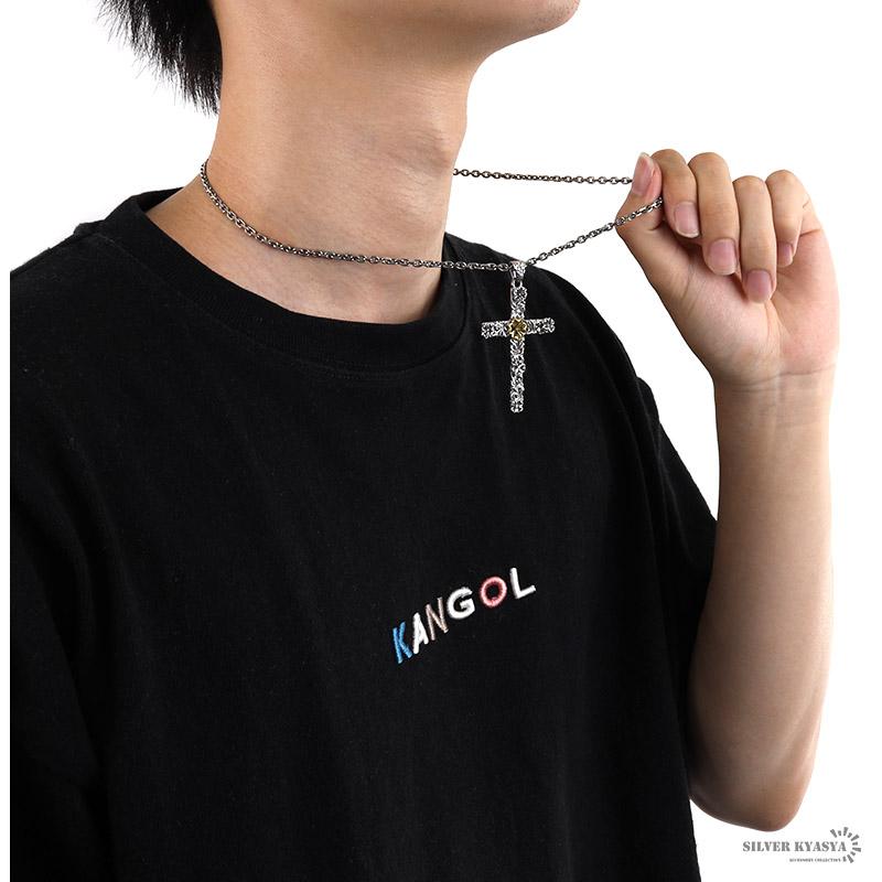 シルバー925 クロス 十字架 花 フラワー 唐草模様 小豆チェーン