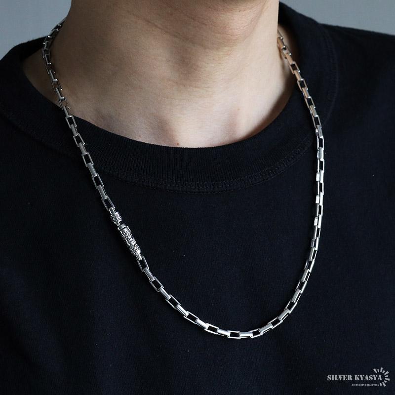 レトロ天然石六角柱ペンダント シルバー925チェーンネックレス シルバー925 ボックスチェーンネックレス 60cm 長小豆チェーン 六字