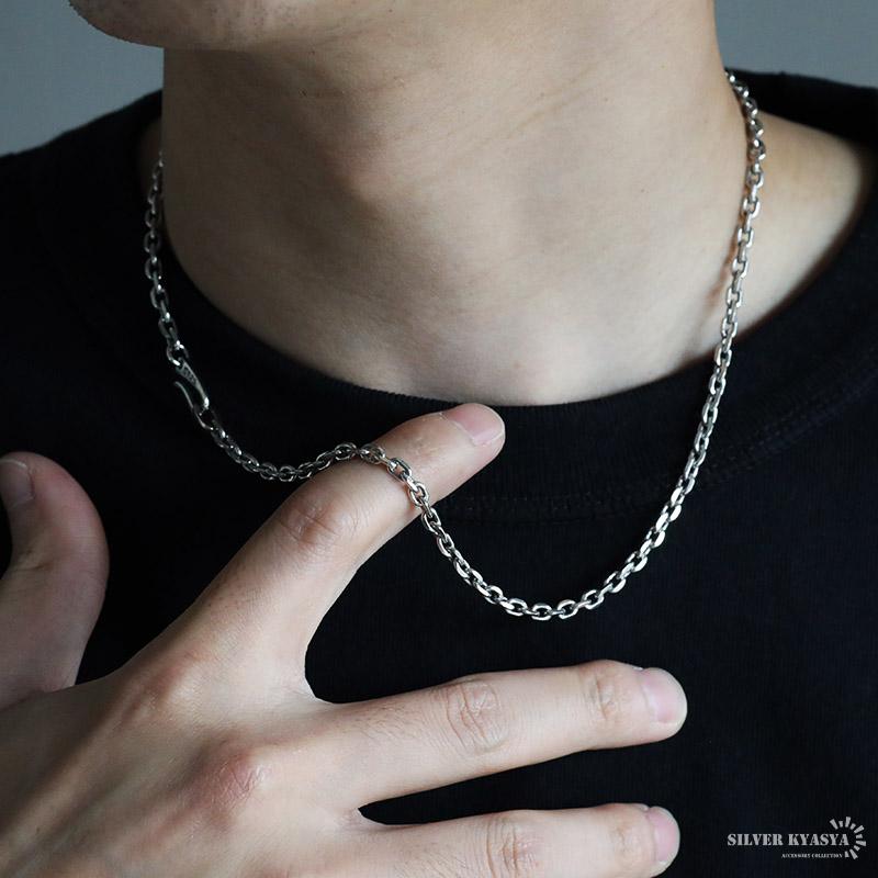 残1★高品質 4mm太角 チェーンクロスネックレス 50cm シルバー925刻印 シルバー925 あずきチェーン 燻し シルバーチェーン 太角チェーン 幅