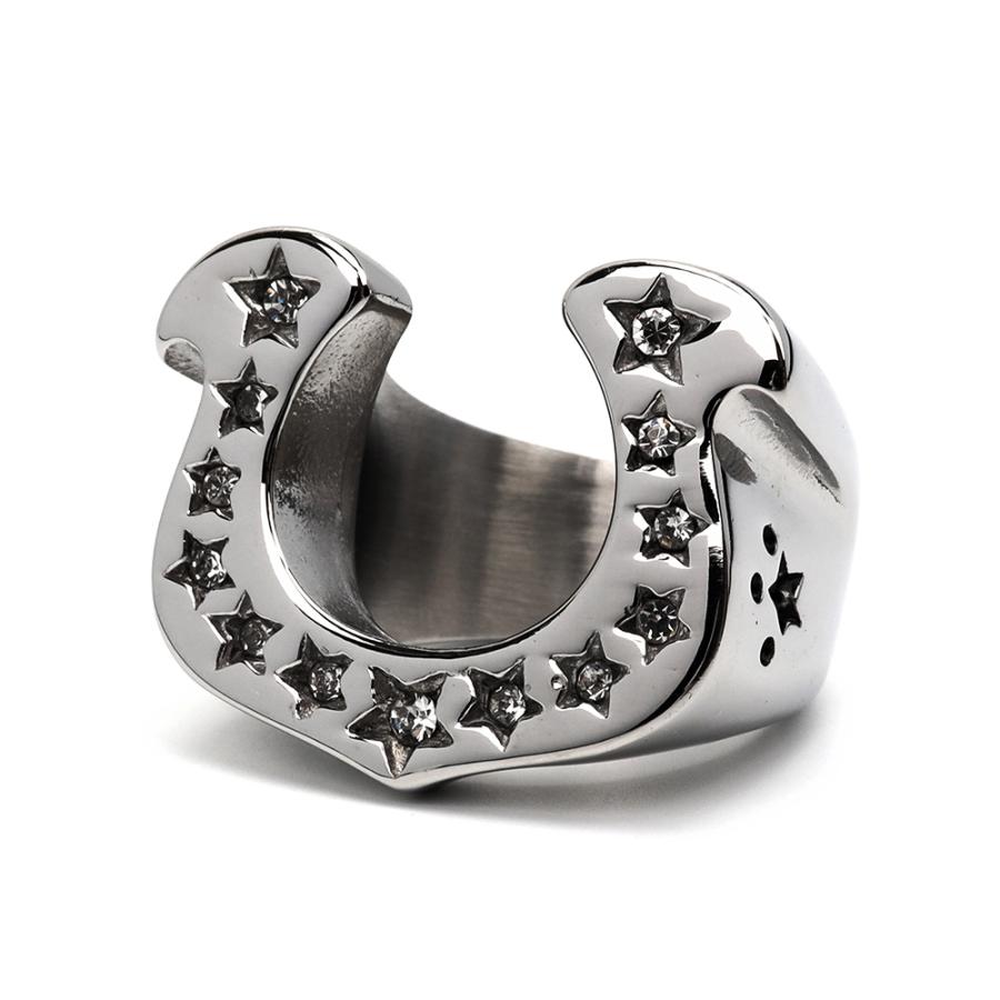 ステンレス ホースシューリング 馬蹄リング シルバー CZ スター 星 蹄