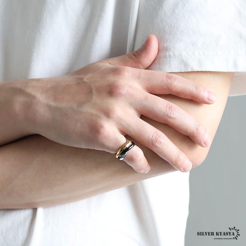 ステンレス 三連リング ブラック トリニティリング 黒 ゴールド