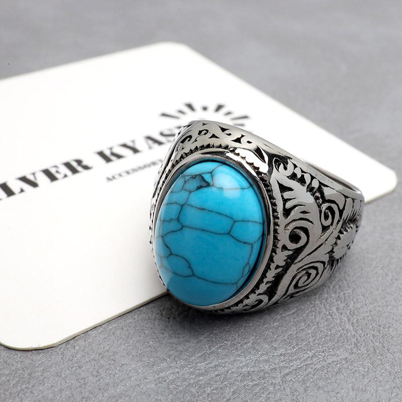 ステンレス ターコイズリング カレッジリング 唐草模様 トルコ石 重厚
