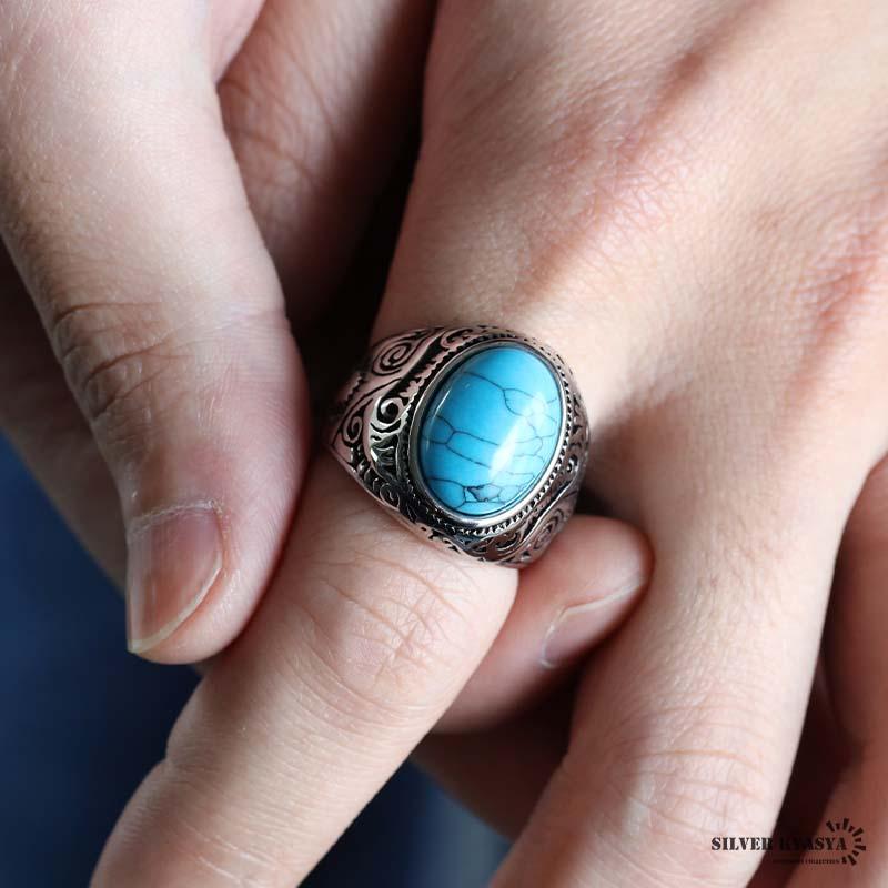 ステンレス ターコイズリング カレッジリング 唐草模様 トルコ石 重厚
