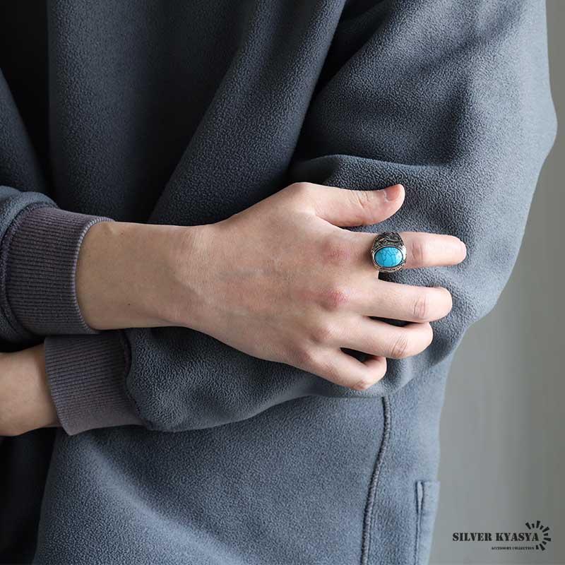 ステンレス ターコイズリング カレッジリング 唐草模様 トルコ石 重厚