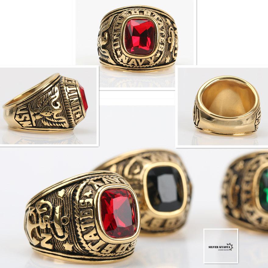 ステンレス ゴールド カレッジリング 指輪 大粒 ストーン ブラック