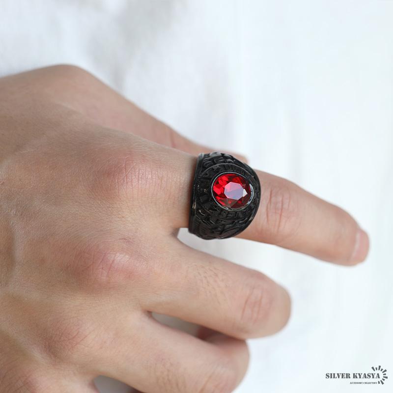ステンレス素材 カレッジリング ブラック 大粒ジルコニア レッド
