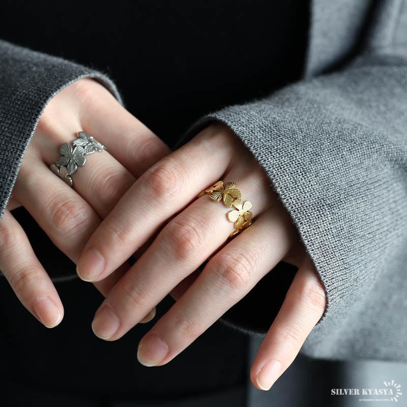 ステンレス フラワーリング 透かし お花リング ヴィンテージ ゴールド