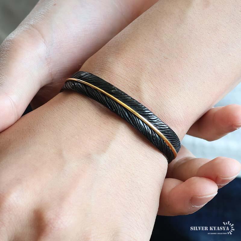 ステンレス フェザーバングル ブラックバングル ブレスレット ゴールド