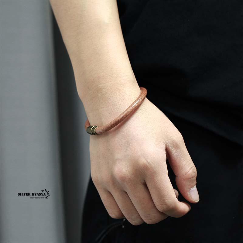 L-腕周り19cm) 本革 レザーバングル ブラウン ブレスレット 牛革