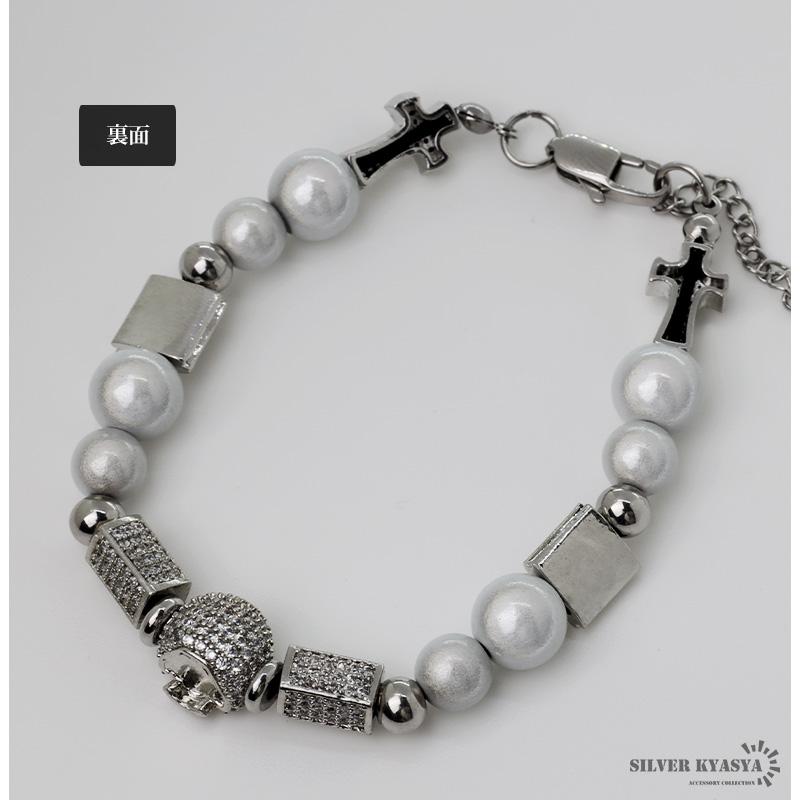 パールブレスレット メンズ シルバー ステンレス スカル パール