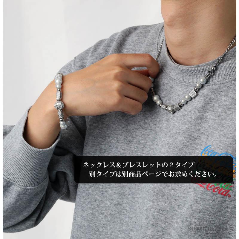 パールブレスレット メンズ シルバー ステンレス スカル パール