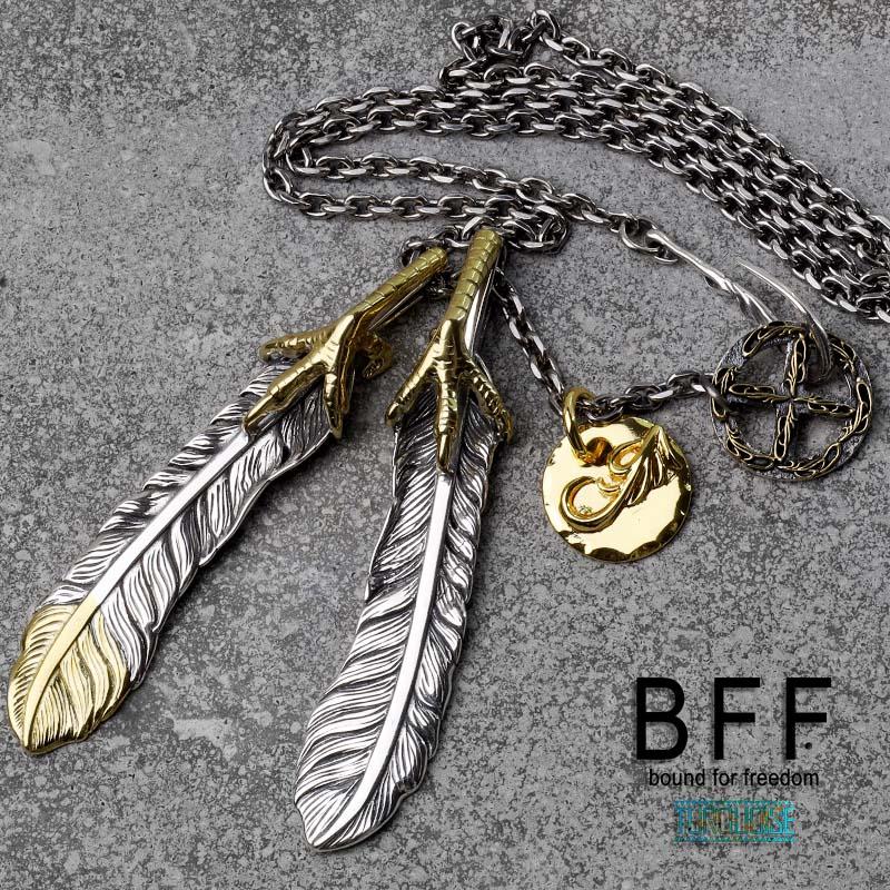 BFF ブランド フェザーネックレス メンズ シルバー925 金爪 先金 ダブル ツイン 羽根 唐草 アラベスク 専用BOX付属