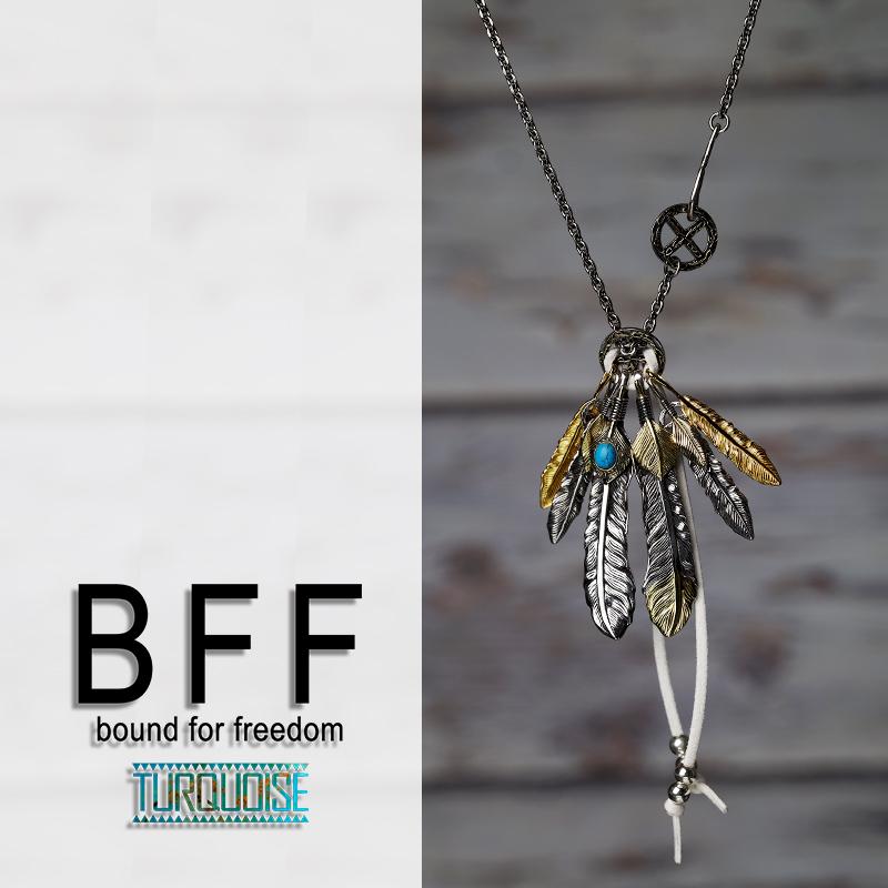 BFF ブランド フェザーネックレス メンズ シルバー925 ゴールド フェザー 6枚 18KGP 唐草 専用BOX付属の画像
