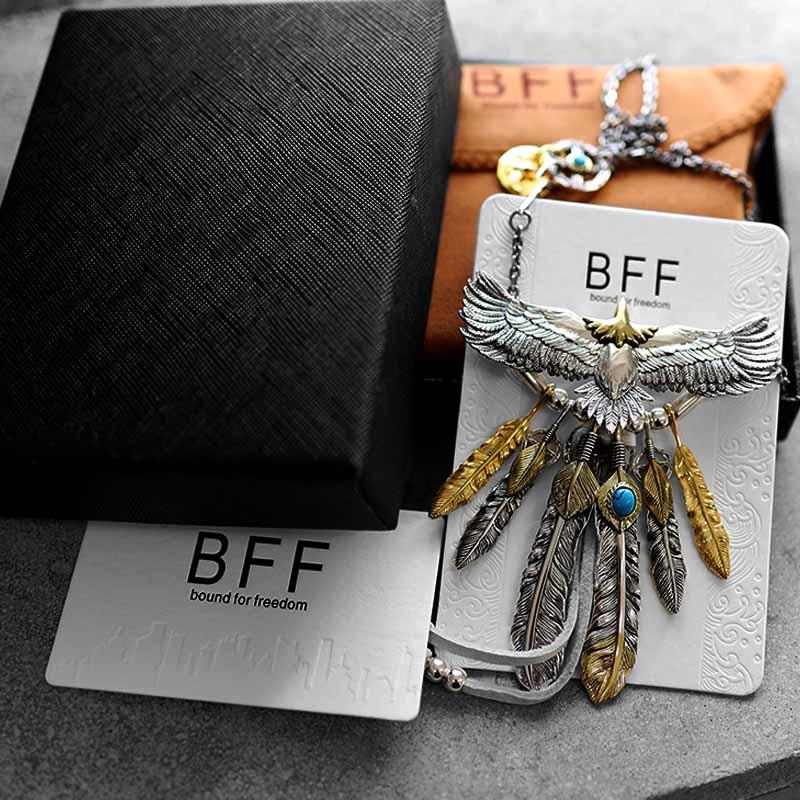 BFF ブランド イーグルネックレス メンズ ネックレス シルバー925 本革 先金 金フェザー イーグル 専用BOX付属の画像