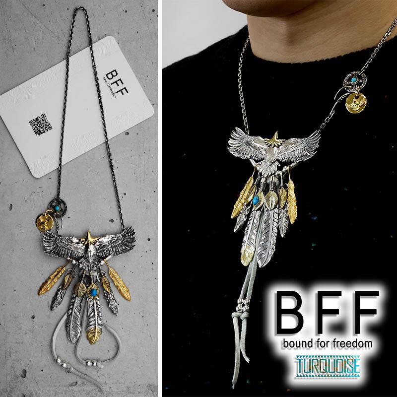 BFF ブランド イーグルネックレス メンズ ネックレス シルバー925 本革 先金 金フェザー イーグル 専用BOX付属の画像