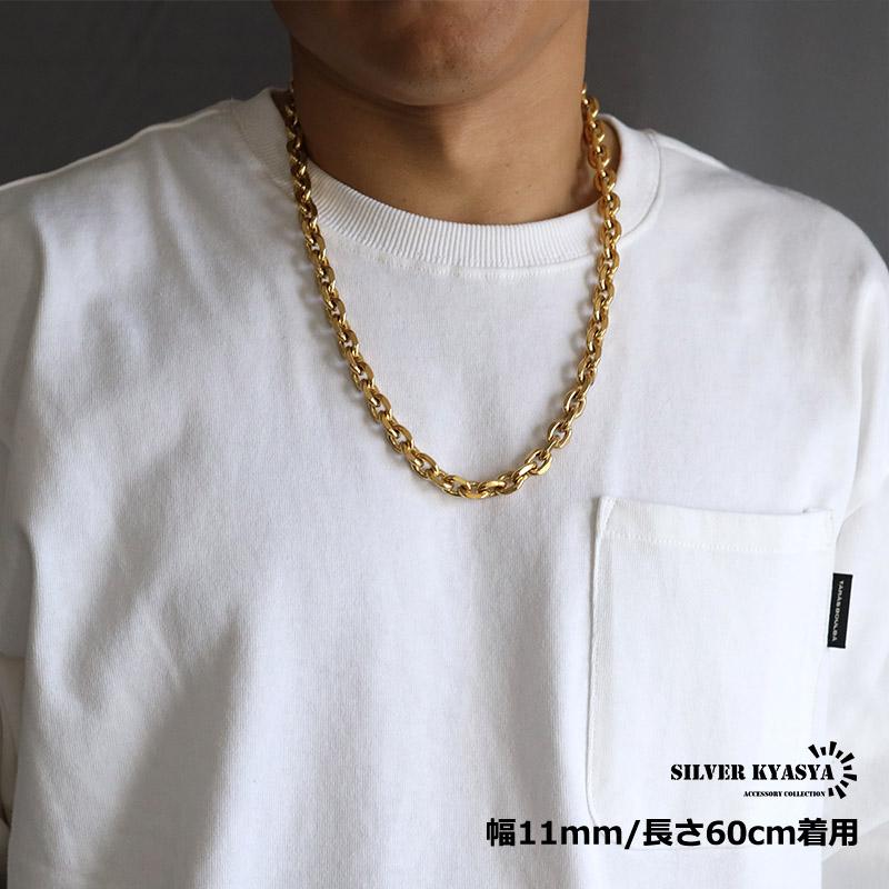 9mm、45cm) ステンレス あずきチェーンネックレス 4面カット ゴールド