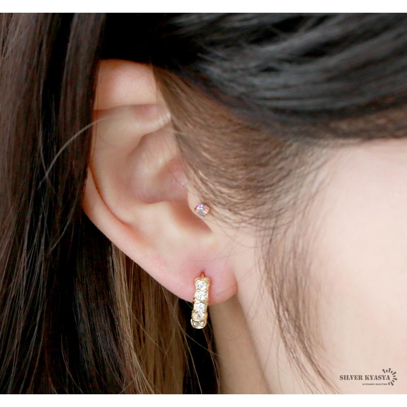 シルバー) 両耳用2点セット CZ フープピアス シルバー925 シルバー