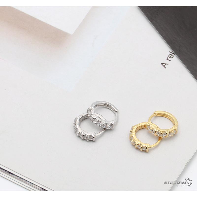 シルバー) 両耳用2点セット CZ フープピアス シルバー925 シルバー
