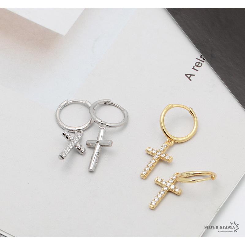 ゴールド) 両耳用2点セット フープピアス クロス CZ ドロップピアス