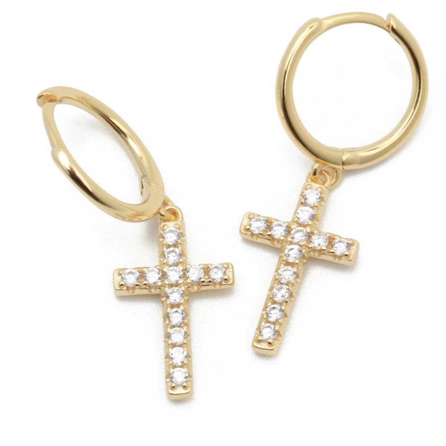 ゴールド) 両耳用2点セット フープピアス クロス CZ ドロップピアス