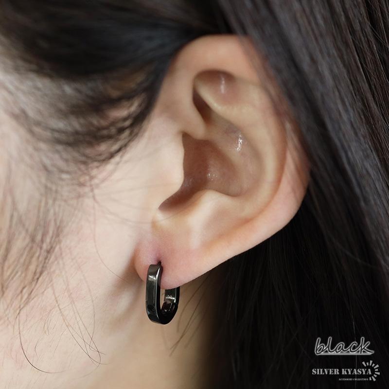 ブラック) シルバー925 フープピアス オーバルピアス 縦長ピアス