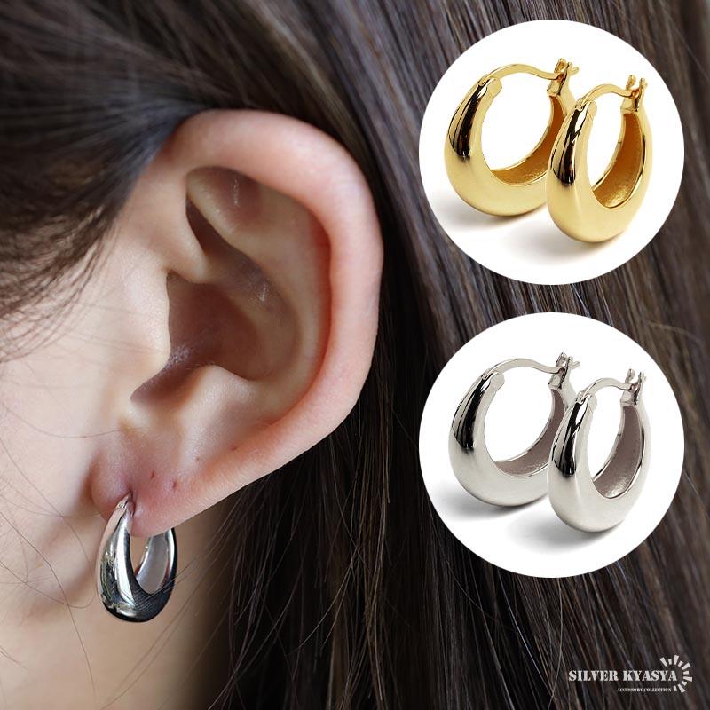 ゴールド【 4mm×23mm 】18k ゴールドフープピアス シルバー925 シルバー) シルバー925 フープピアス ぷっくり 大ぶりピアス ゴールド