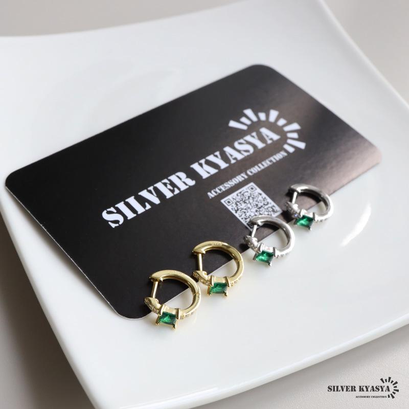 シルバー) シルバー925 エメラルドピアス フープピアス 一粒ピアス