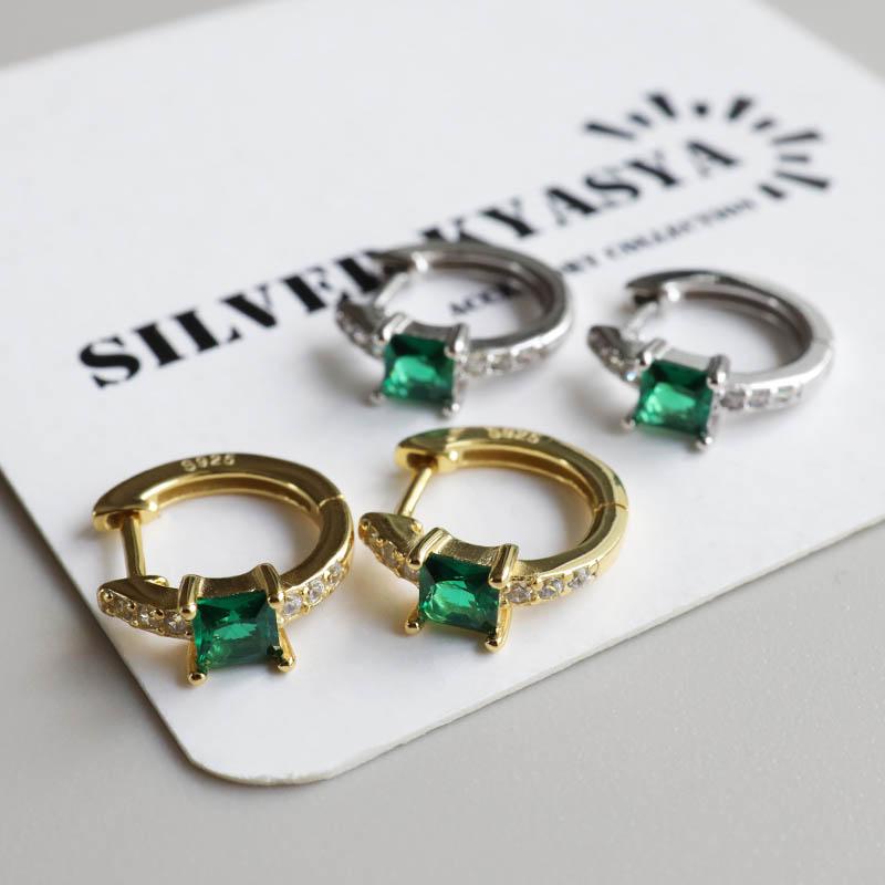 シルバー) シルバー925 エメラルドピアス フープピアス 一粒ピアス