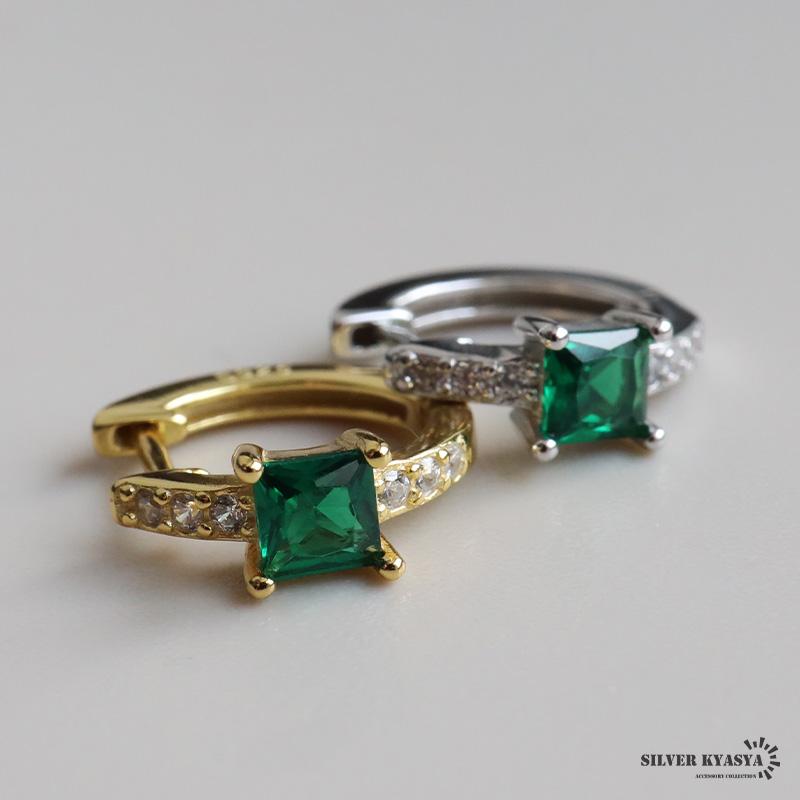 ミント☺︎ ペアシェイプ型枠エメラルド14kgfピアス シルバー) シルバー925 エメラルドピアス フープピアス 一粒