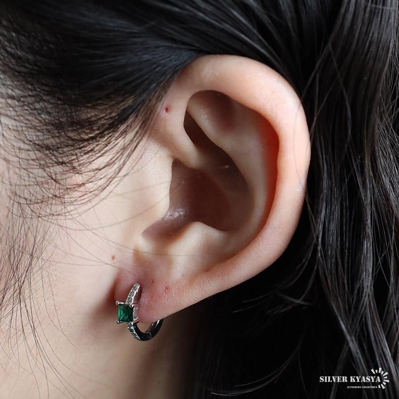 シルバー) シルバー925 エメラルドピアス フープピアス 一粒ピアス