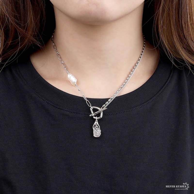 レディースネックレス パール マンテル シルバー925 銀色 真珠 チェーンネックレス 喜平チェーン 金属アレルギーの画像