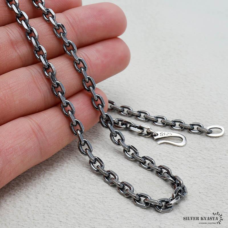 シルバー925 燻し仕上げ あずきチェーン ネックレス 幅5mm 60cm 4面