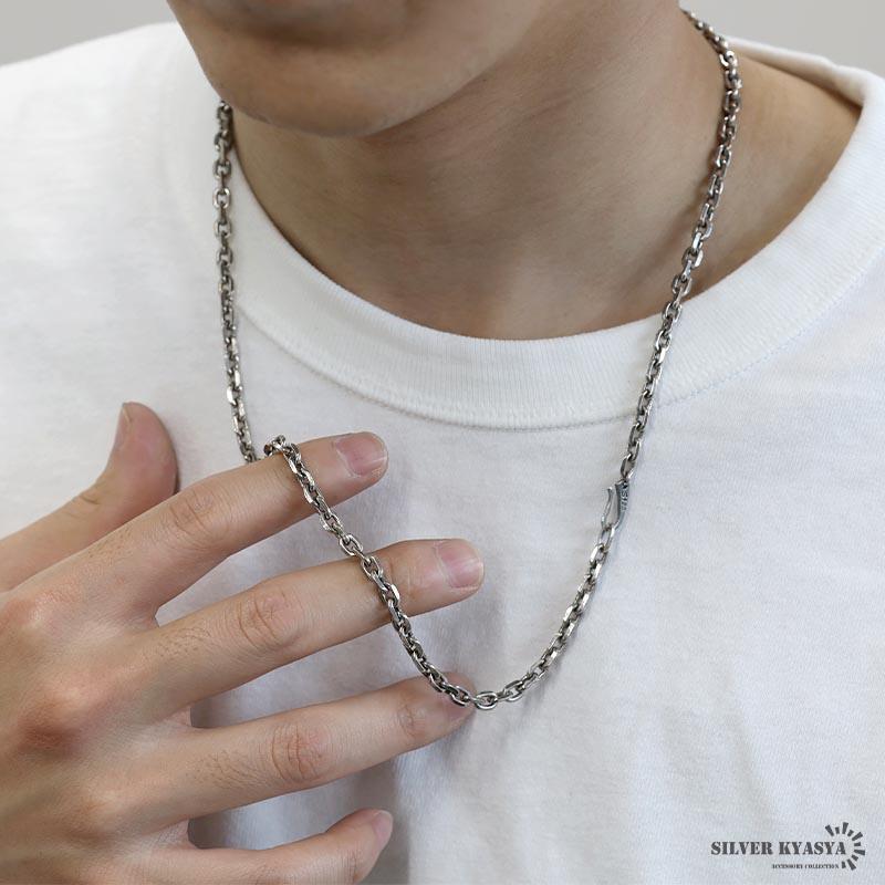 シルバー925 燻し仕上げ あずきチェーン ネックレス 幅5mm 60cm 4面