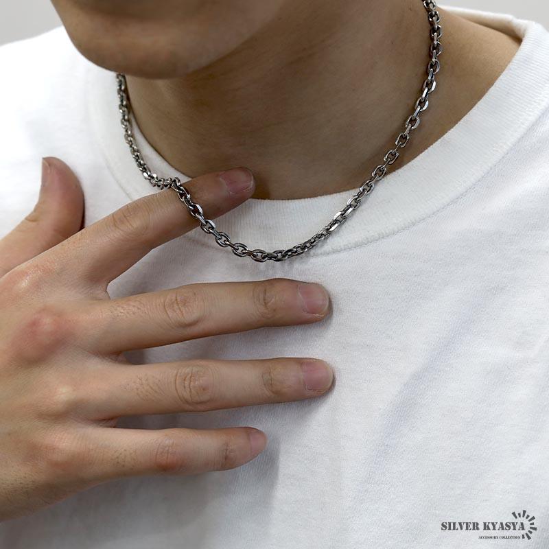 シルバー925 燻し仕上げ あずきチェーン ネックレス 幅5mm 45cm 4面カット 黒 重厚 メンズ 男性 金属アレルギー対応の画像