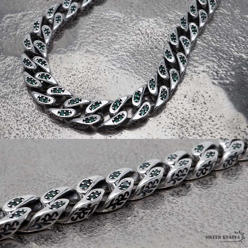 シルバー925 喜平ネックレス パヴェネックレス エメラルド グリーン ジルコニア キラキラ 刻印 アクセサリー 金属アレルギーの画像