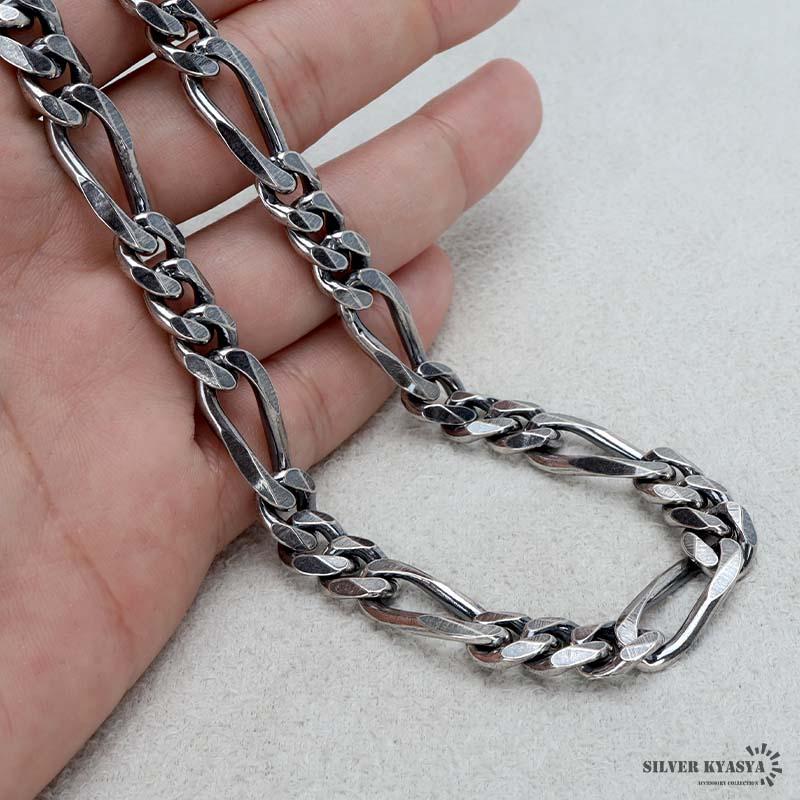 シルバー925 チェーンネックレス 中折れ フィガロチェーンネックレス 幅9mm 60cm 喜平ネックレス 金属アレルギー対応の画像