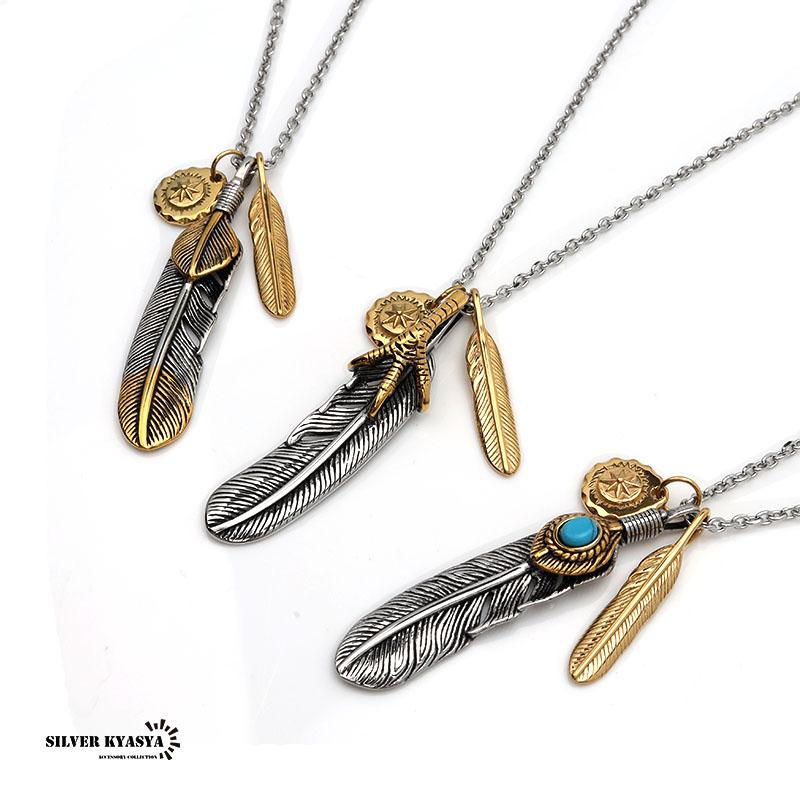 金爪) ステンレス 三連フェザーネックレス メンズ シルバー 特大 金爪) ステンレス 三連フェザーネックレス メンズ シルバー 特大