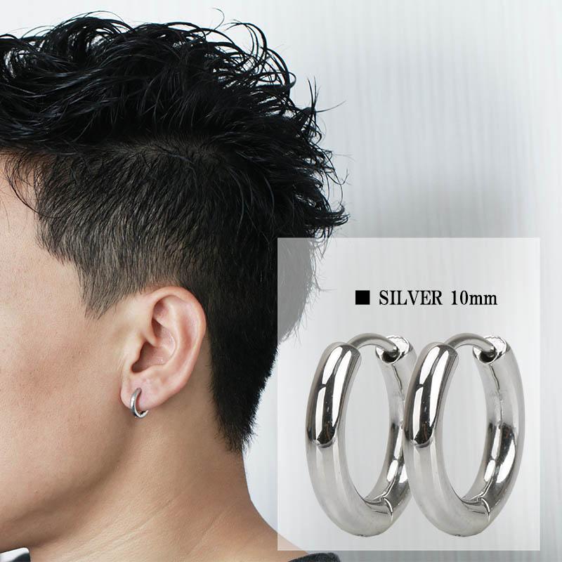 シルバー(SILVER)、内径10mm) 太め 両耳 幅3mm 定番 フープピアス