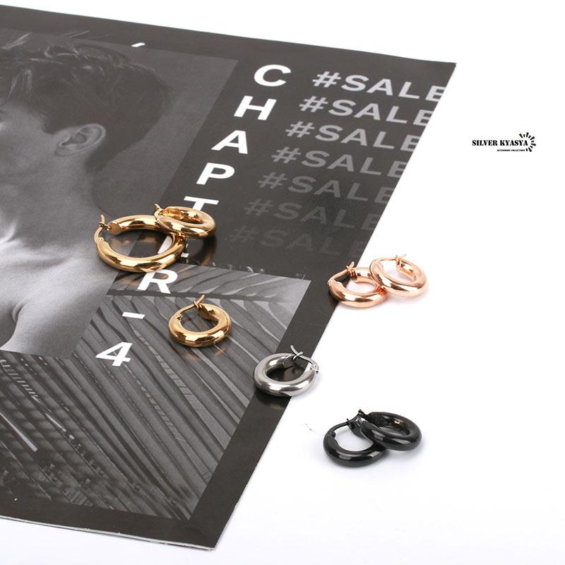 シルバー、内径20mm) ステンレス チャンキー フープピアス 太め 2点