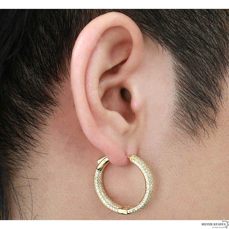 ゴールド) 両耳用 フープピアス CZ 爪留め 18K GP ゴールド シルバー