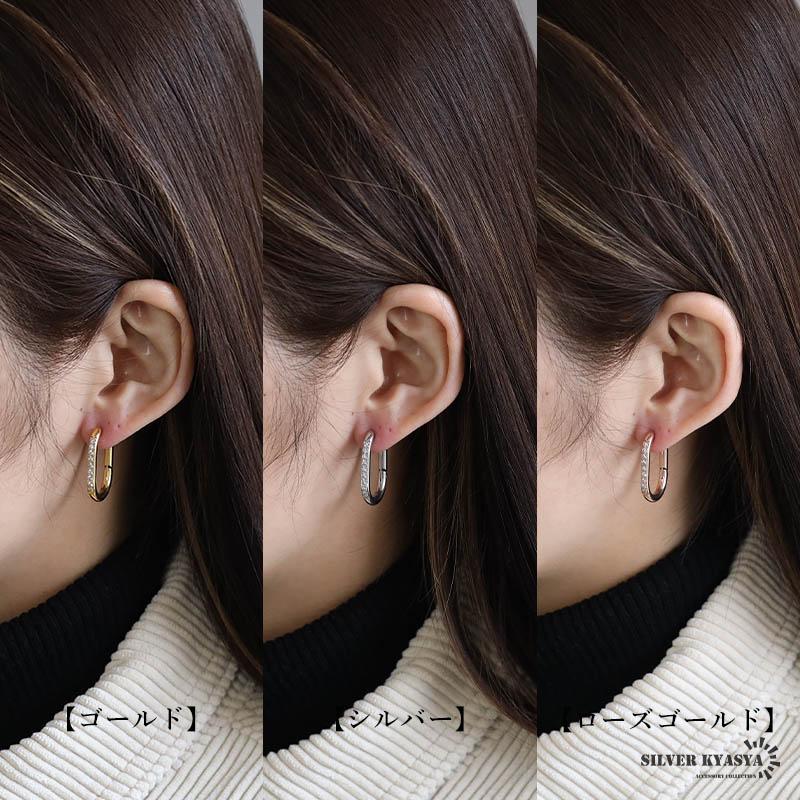 ローズゴールド) ステンレス フープピアス オーバルピアス 3色 楕円 