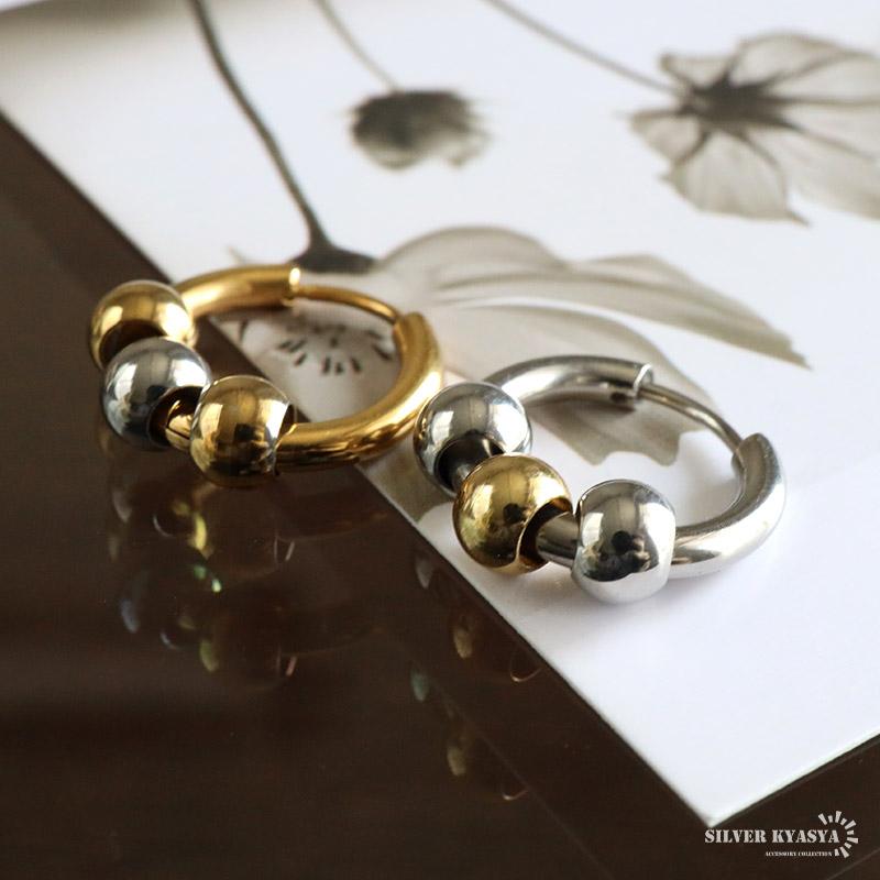 シルバーMIX) ステンレス フープピアス ボールピアス メタルピアス 3連