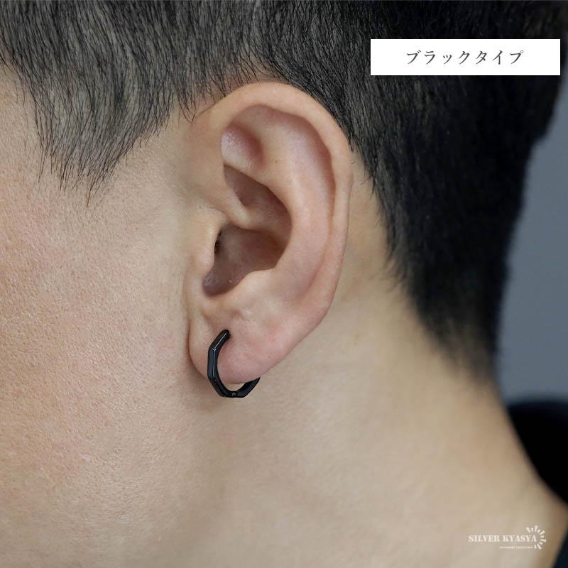 シルバー) シルバー925 フープピアス 八角形 silver 黒 ブラック 20G