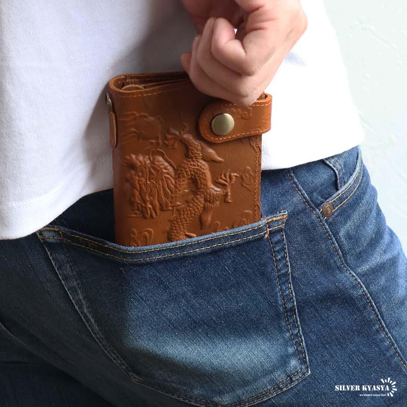キャメル) レザーウォレット メンズ 龍 ドラゴン 浮彫り 長財布 本革