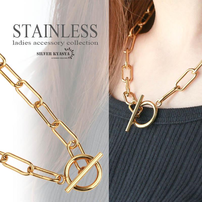60cm) ステンレス チェーンネックレス ゴールド マンテル Tバー 18k GP  
