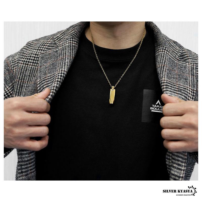 タングステン ダイヤカット ネックレス メンズ ゴールド 金 ステンレス アズキチェーン 金属アレルギー ボックス付属