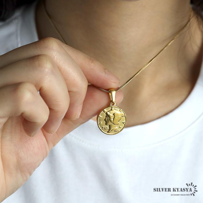 60cm) コインネックレス スネークチェーン 硬貨 マーキュリーダイム